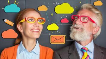 Two senior colleagues with glasses looking on clouds and digital icons image. Old adults teamwork workspace photography scene wallpaper. Cloud computing concept photorealistic photo