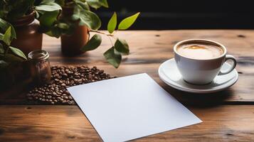 Coffee and blank paper mockup with plants on wooden table. Coffeecup coffeebeans. Warm ambiance. Sheet template advertising image. Rustic cozy decor mock up product photorealistic photo