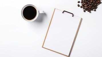 Minimalist workspace with coffee and clipboard mockup on white background. Work essentials template advertising image. Clean and simple flat lay mock up product photorealistic photo