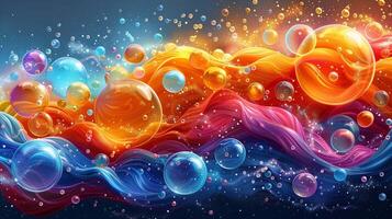 Clear air bubbles in swirling paint fluids 3d rendering image. Surreal pigments splashing with glass balls background wallpaper colorful realistic. Fantasy expression concept idea photo