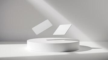 Two white cards floating above circular platform illuminated by soft light. Modern minimalist businesscards template advertising image. Clean elegance mock up product photorealistic photo