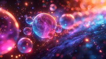 Glowing spheres and vibrant light in dark space 3d rendering image. Mesmerizing futuristic scene background wallpaper colorful realistic. Abstract cosmic design concept idea photo