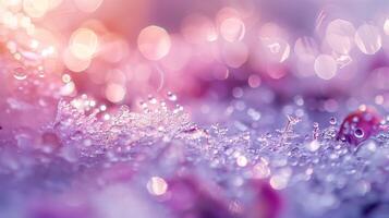 Shimmering water drops on snowflakes at morning sunlight closeup image. Small dew droplet on ice close up photography. Winter nature tranquil scene concept photo realistic
