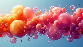 Dynamic gradient bubbly flow with drops 3d rendering image. Abstract design with glossy spheres background wallpaper colorful realistic. Surreal bright composition concept idea photo