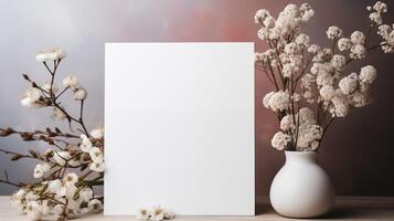 Blank vertical card mockup paired with white vase holding cotton flowers. Soft background with warm tones. Stationary template advertising image. Elegant design mock up photorealistic photo