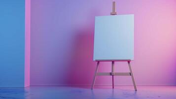 Wooden tripod easel with painting mockup in workshop. Drawing template on stand in empty art studio advertising image. Painting mock up near purple wall product photorealistic photo