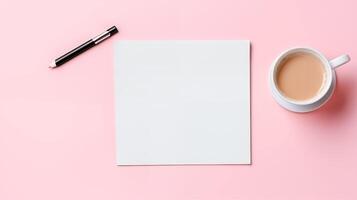 Minimalist flat lay workspace with coffee and pen on pink background. Blank sheet of paper template advertising image. Work inspiration, office supplies mock up product photorealistic photo