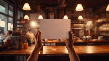 Two hands hold blank white card mockup in warm ambiance of cozy cafe. Blurred hanging lights. Pub bar menu template advertising image. Promotional mock up product photorealistic photo