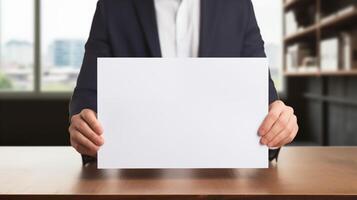 Businessman holding blank white paper mockup at desk. Man in suit in office environment. Empty sheet template advertising image. Business presentation mock up product photorealistic photo