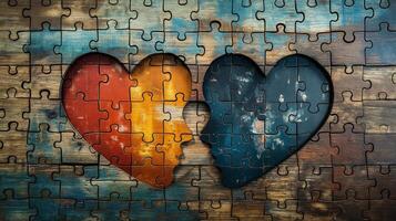 Puzzle hearts with two faces on weathered wooden surface image. Connection between two individuals photography scene wallpaper. Complexities of relationships concept photorealistic photo