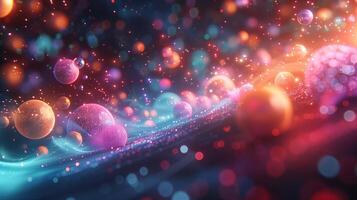 Dynamic space with spheres radiating soft light 3d rendering image. Futuristic space landscape with abstract planets background wallpaper colorful realistic. Sci fi dreams concept idea photo
