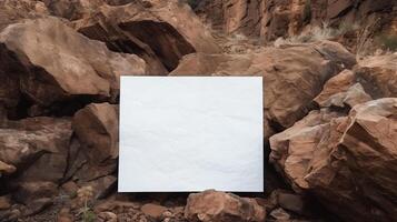 Blank card mockup surrounded by large red rocks in desert environment. Bold reddish hues of boulders template advertising image. Warm rustic outdoor mock up product photorealistic photo