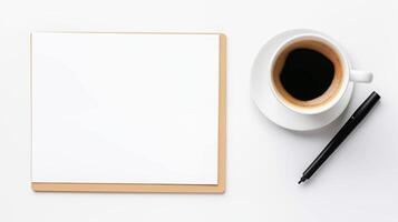 Minimalist workspace with coffee and notepad mockup on white surface. Coffeecup, pen, writing tools template advertising image. Office supplies mock up product photorealistic photo