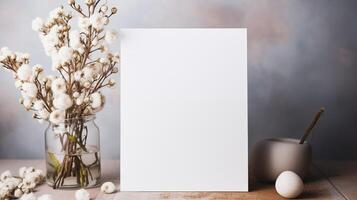 Blank card mockup stands next to soft cotton flowers in glass jar. Elegant stationary presentation template advertising image. Minimalistic invitation mock up product photorealistic photo