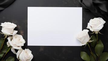 White roses and blank card mockup with black ribbon on dark marble. Funeral condolence obituary template advertising image. In loving memory. Sophisticated mock up product photorealistic photo