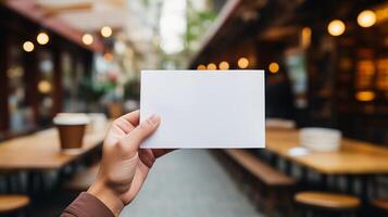 Hand holding blank card mockup in front of outdoor cafe setting. Warm and inviting template advertising image. Outdoor dining. Promotional design mock up product photorealistic photo