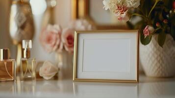 Photo frame mockup and perfume bottles on dressing table. Picture template with cosmetic product advertising image. Glamorous lifestyle concept with poster mock up product photorealistic