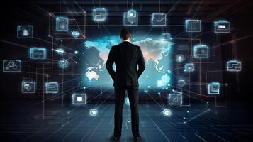 Businessman professional stands before large digital world map image. Interconnected data points photography scene. Global business network visualization concept photorealistic photo
