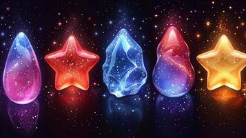 Magical crystals with glitter sparks in darkness 3d rendering image. Glass stars and drops collection background wallpaper colorful realistic. Witchcraft mystery concept idea photo