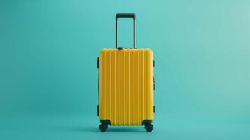 Bold yellow suitcase mockup placed on clean minimalist teal background. Bright luggage wheels template advertising image. Travel-related theme baggage mock up product photorealistic photo