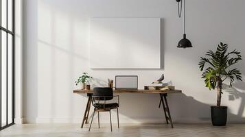 Banner mockup over office workplace. Placard template and desk with laptop in studio advertising image. Comfortable workspace with large drawing mock up product photorealistic photo