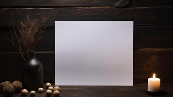 Minimalist white card mockup with candlelight on dark wood. Glowing candle, dried grass, decorative wooden spheres template advertising image. Warm design mock up product photorealistic photo