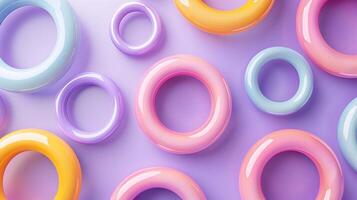 Shiny smoothy plastic rings top view 3d rendering image. Abstract geometric ornament with round shapes background wallpaper colorful realistic. Vibrant ornament concept idea photo