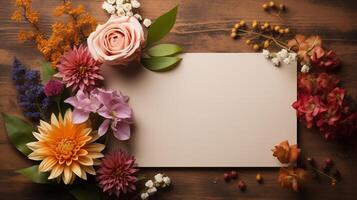 Vibrant floral flatlay with blank card mockup on wooden surface. Roses dahlias orchids invitation template advertising image. Flowers announcement mock up product photorealistic photo