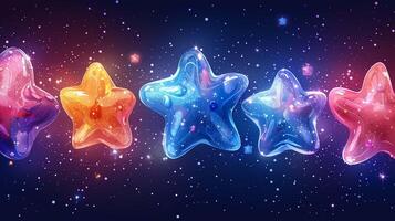 Glossy vivid stars floating in space 3d rendering image. Multicolor rounded shapes with beams in cosmos background wallpaper colorful realistic. Ranking service concept idea photo