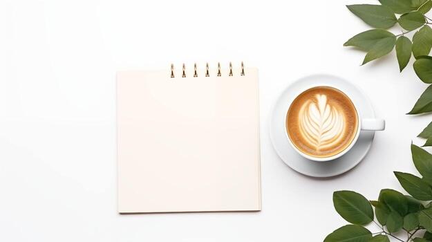 Stylish workspace mockup with latte art and greenery on white surface. Top view of spiral notepad template advertising image. Writing, green leaves. Creative desk mock up photorealistic photo