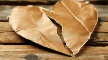 Torn paper heart on wooden surface background image. Fragility of emotions photo backdrop wallpaper realistic. Separation pain. Broken relationship, lost love concept photorealistic