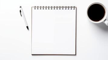 Simple workspace with coffee cup and spiral notepad mockup. Minimalist flat lay coffeecup, white pen, blank notebook template advertising image. Productivity mock up photorealistic photo