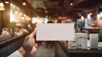 Blank card mockup in hand at warmly lit cafe. Soft bokeh lighting and blurred interior. Business promotion template advertising image. Presenting mock up product photorealistic photo