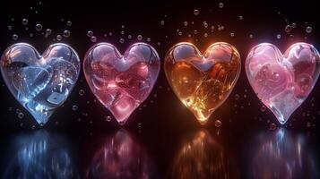 Translucent crystal hearts in darkness 3d rendering image. Glossy romantic souvenirs with floating bubbles background wallpaper colorful realistic. Love relationship concept idea photo