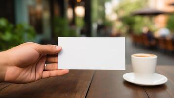 Hand holding blank card mockup with coffee on table. Cafe business promotion template advertising image. Coffeeshop outdoors coffeecup. Identity card mock up product photorealistic photo