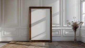 Painting in vintage frame mockup in empty room. Classic style interior with large drawing template advertising image. Art studio with banner mock up product photorealistic photo