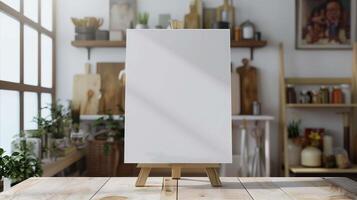 Miniature painting mockup with tripod on table. Creative drawing template in workshop interior advertising image. Small painting mock up in artist studio product photorealistic photo