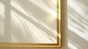 Painting mockup with golden frame and shadows pattern closeup. Artwork template exhibiting in gallery advertising image. Drawing mock up on white wall product photorealistic photo