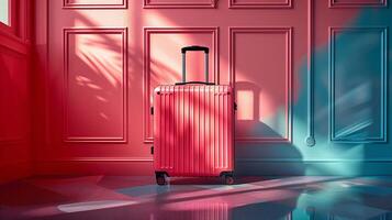 Sleek pink suitcase mockup stands in front of striking wall in dramatic shadows. Vibrant vacation packing template advertising image. Travel-inspired scene mock up product photorealistic photo