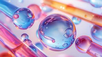 Glass drops and tubes composition 3d rendering image. Abstract artwork with plastic geometric shapes background wallpaper colorful realistic. Arranged elements concept idea photo