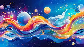 Vivid liquid flow with color balls in space background image. Surreal fluids and bubbles 2d illustration wallpaper picture backdrop. Abstract concept for business presentation corporate photo