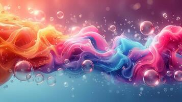 Multicolor fluid flow with air bubbles 3d rendering image. Abstract ornament with swirling wave background wallpaper colorful realistic. Paint explosion dreamlike scene concept idea photo