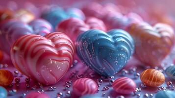 Valentine day candies decorated with frosting closeup image. Heart shaped bonbons with beads on table close up photography. Romantic relationship showing concept photo realistic