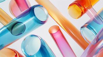 Multicolor transparent glass tubes 3d rendering image. Abstract pattern of translucent plastic details background wallpaper colorful realistic. Surreal composition concept idea photo