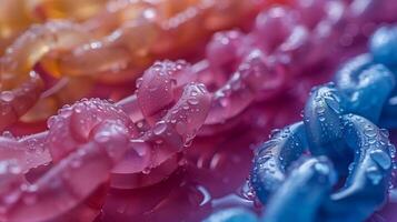 Chains of clear color plastid with fresh dew closeup image. Linked ring details of children toys close up photography. Funny bijouterie craft hobby concept photo realistic