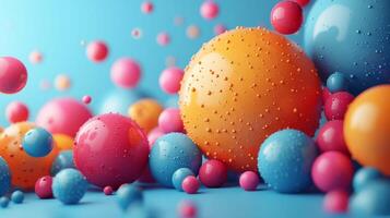 Various sizes balls with small drops 3d rendering image. Glossy geometrical shapes pile on blue background wallpaper colorful realistic. Abstract bubbles scene concept idea photo