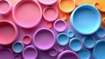 Gradient geometrical pattern with rings top view 3d rendering image. Various sizes circle composition background wallpaper colorful realistic. Creative decor style concept idea photo
