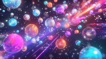 Neon planets and glowing traces in starry sky 3d rendering image. Shiny celestial bodies in dynamic scene background wallpaper colorful realistic. Cosmos research concept idea photo