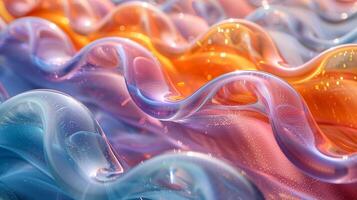 Multicolor waves of transparent glass material 3d rendering image. Creative curved flexible plastic background wallpaper colorful realistic. Decorative surface concept idea photo