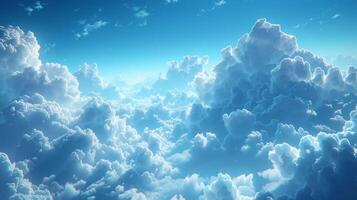Picturesque cloudscape in blue sky image. Fluffy clouds creating tranquil heaven photography scene wallpaper. Amazing overcast skyscape in clear air concept photorealistic photo